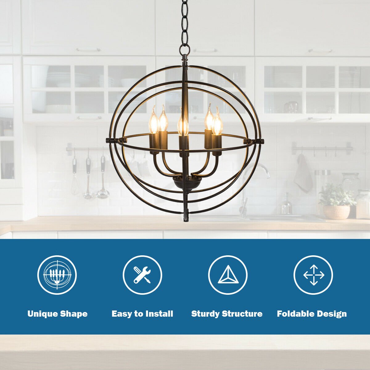 20 Inch 5 Lights Metal Chandelier with Pivoting Interlocking Rings view 9