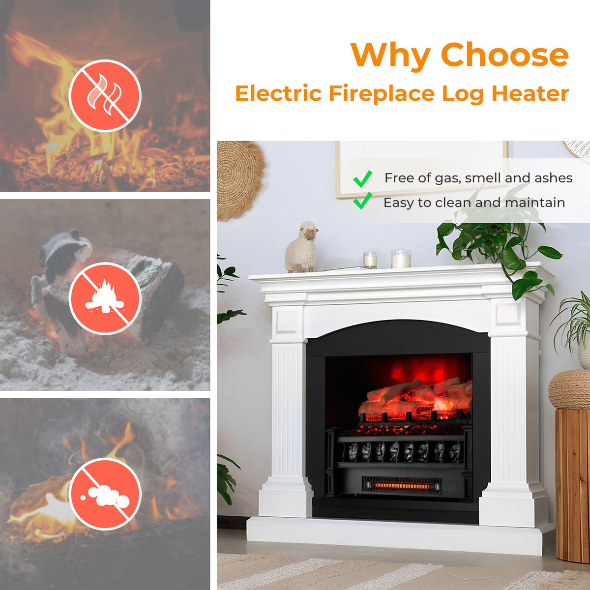20 Inch Electric Fireplace Heater with Realistic Birchwood Ember Bed-Black view 8