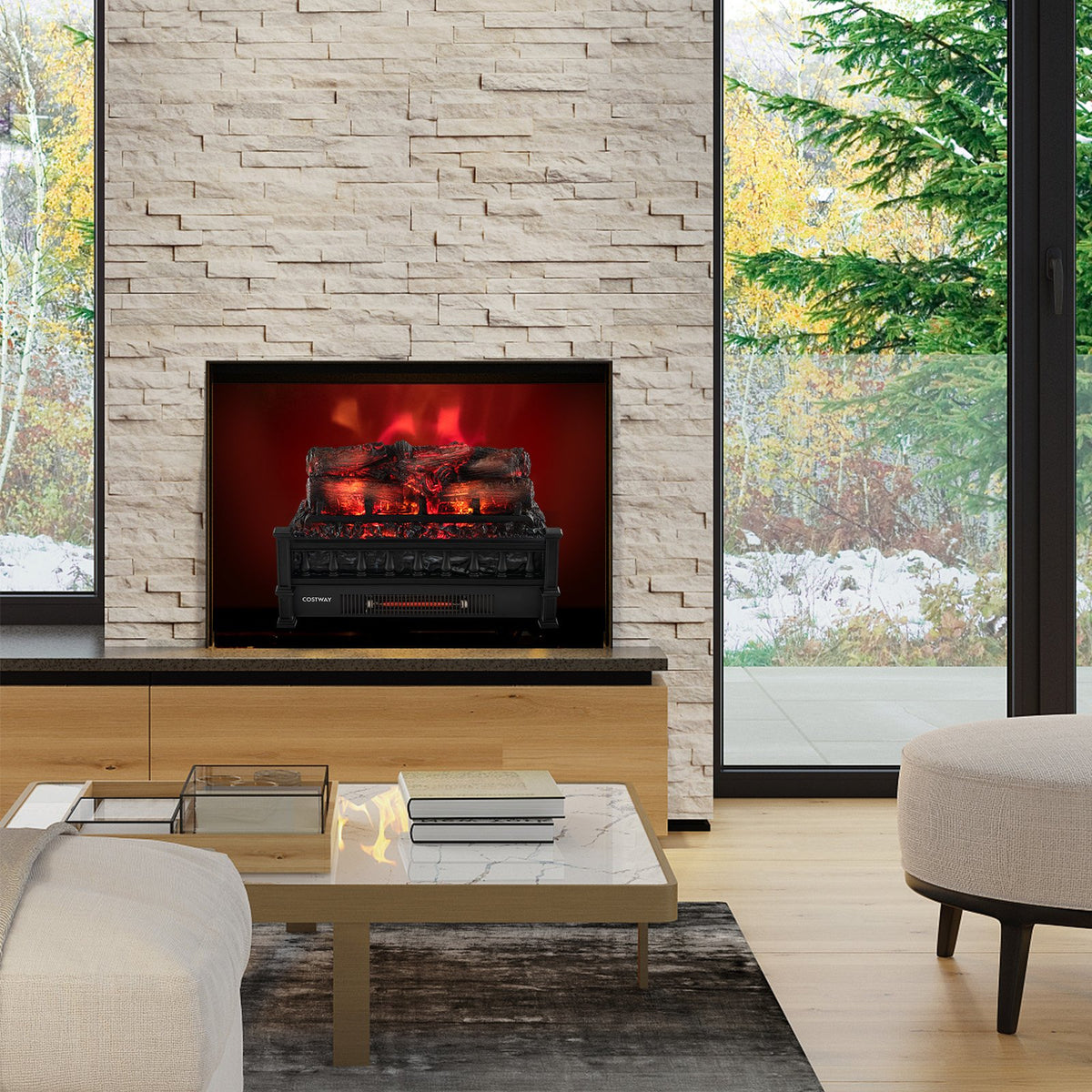 20 Inch Electric Fireplace Heater with Realistic Pinewood Ember Bed-Black view 3