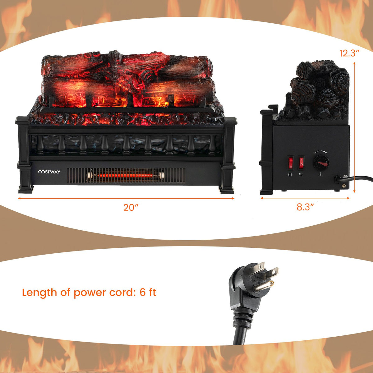 20 Inch Electric Fireplace Heater with Realistic Pinewood Ember Bed-Black view 5