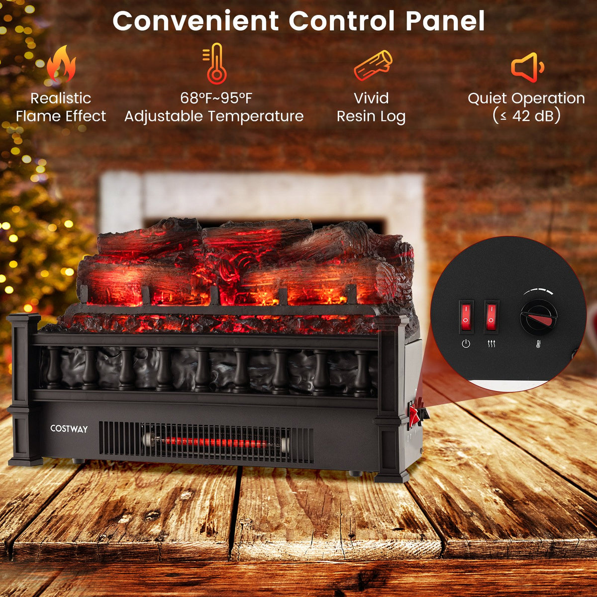 20 Inch Electric Fireplace Heater with Realistic Pinewood Ember Bed-Black view 8