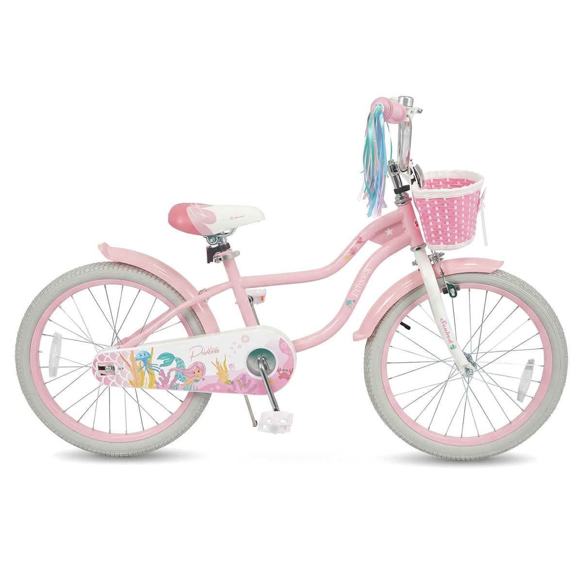 20 Inch Kids Bike Adjustable with Basket and Streamers Pink - Princess of the Sea Theme view 4