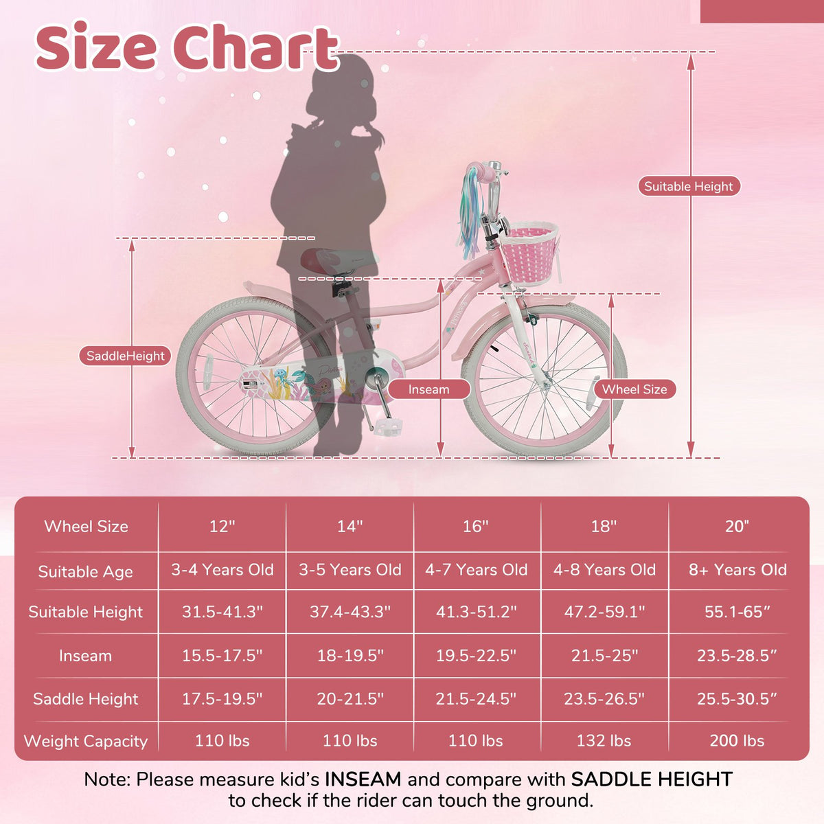 20 Inch Kids Bike Adjustable with Basket and Streamers Pink - Princess of the Sea Theme view 5