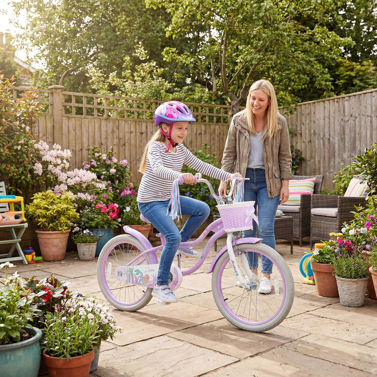 20 Inch Kids Bike Adjustable with Basket and Streamers Purple - Princess of the Sea Theme view 2