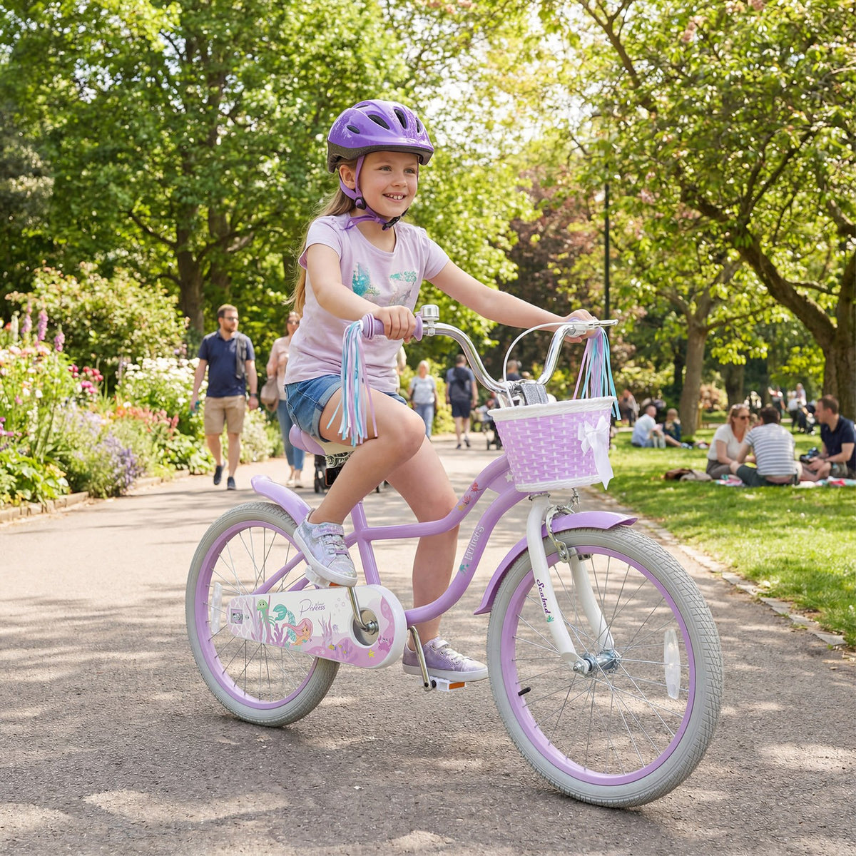 20 Inch Kids Bike Adjustable with Basket and Streamers Purple - Princess of the Sea Theme view 3