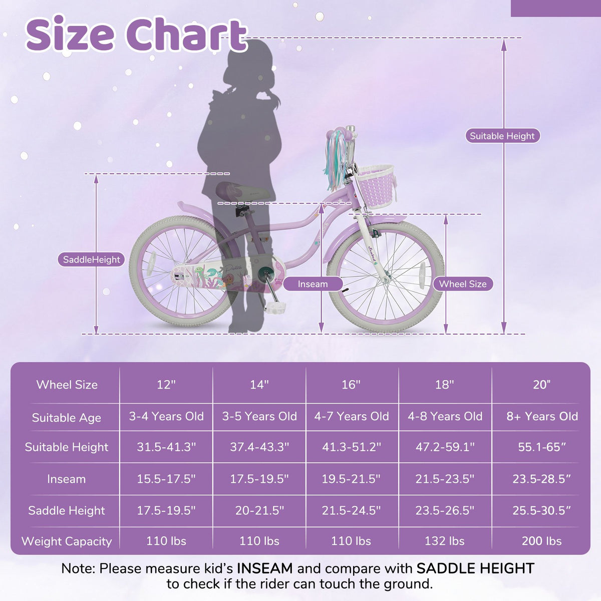 20 Inch Kids Bike Adjustable with Basket and Streamers Purple - Princess of the Sea Theme view 5