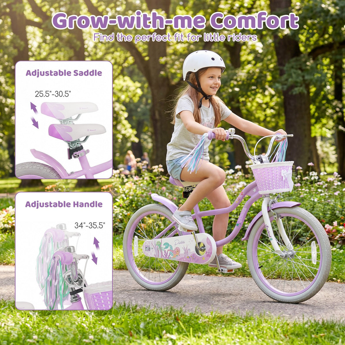 20 Inch Kids Bike Adjustable with Basket and Streamers Purple - Princess of the Sea Theme view 6
