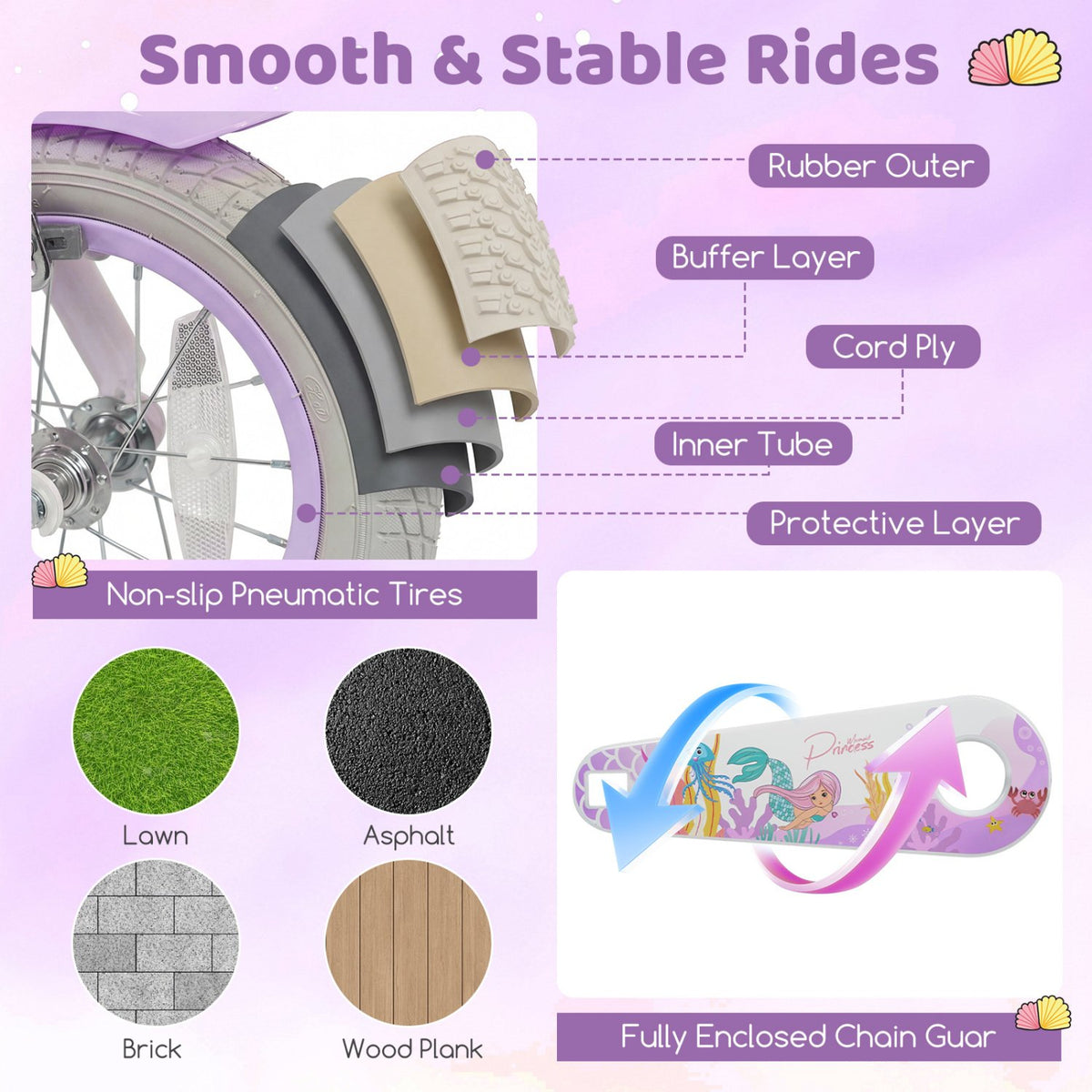 20 Inch Kids Bike Adjustable with Basket and Streamers Purple - Princess of the Sea Theme view 8