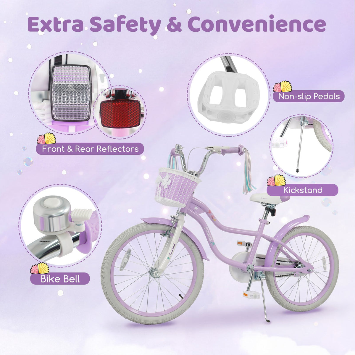 20 Inch Kids Bike Adjustable with Basket and Streamers Purple - Princess of the Sea Theme view 9