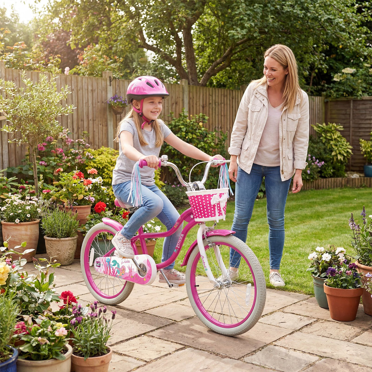 20 Inch Kids Bike Adjustable with Basket and Streamers Rose Red - Princess of the Sea Theme view 2