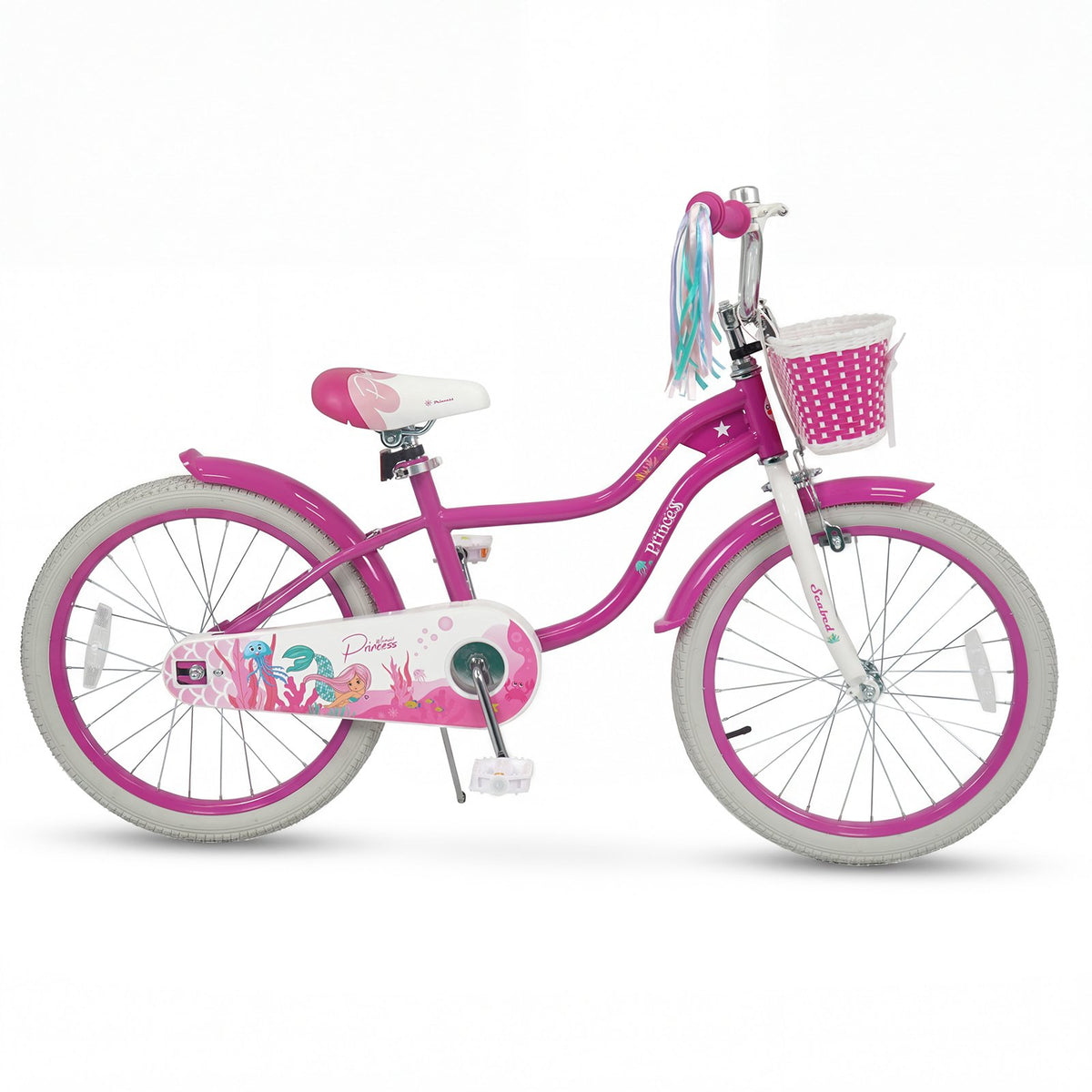 20 Inch Kids Bike Adjustable with Basket and Streamers Rose Red - Princess of the Sea Theme view 4