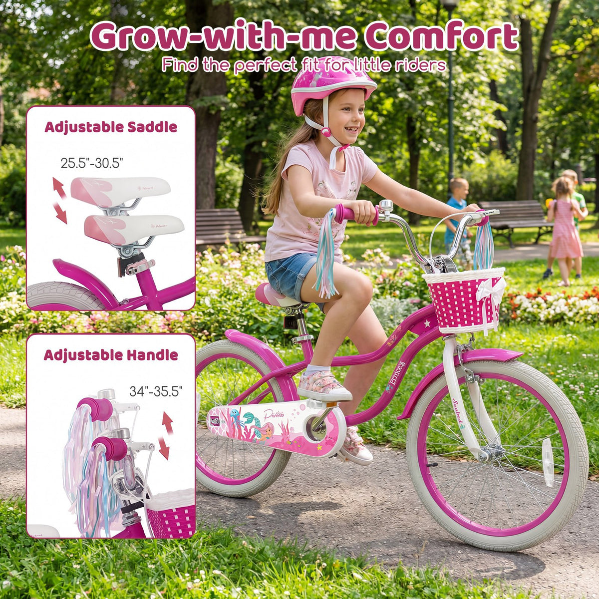 20 Inch Kids Bike Adjustable with Basket and Streamers Rose Red - Princess of the Sea Theme view 6