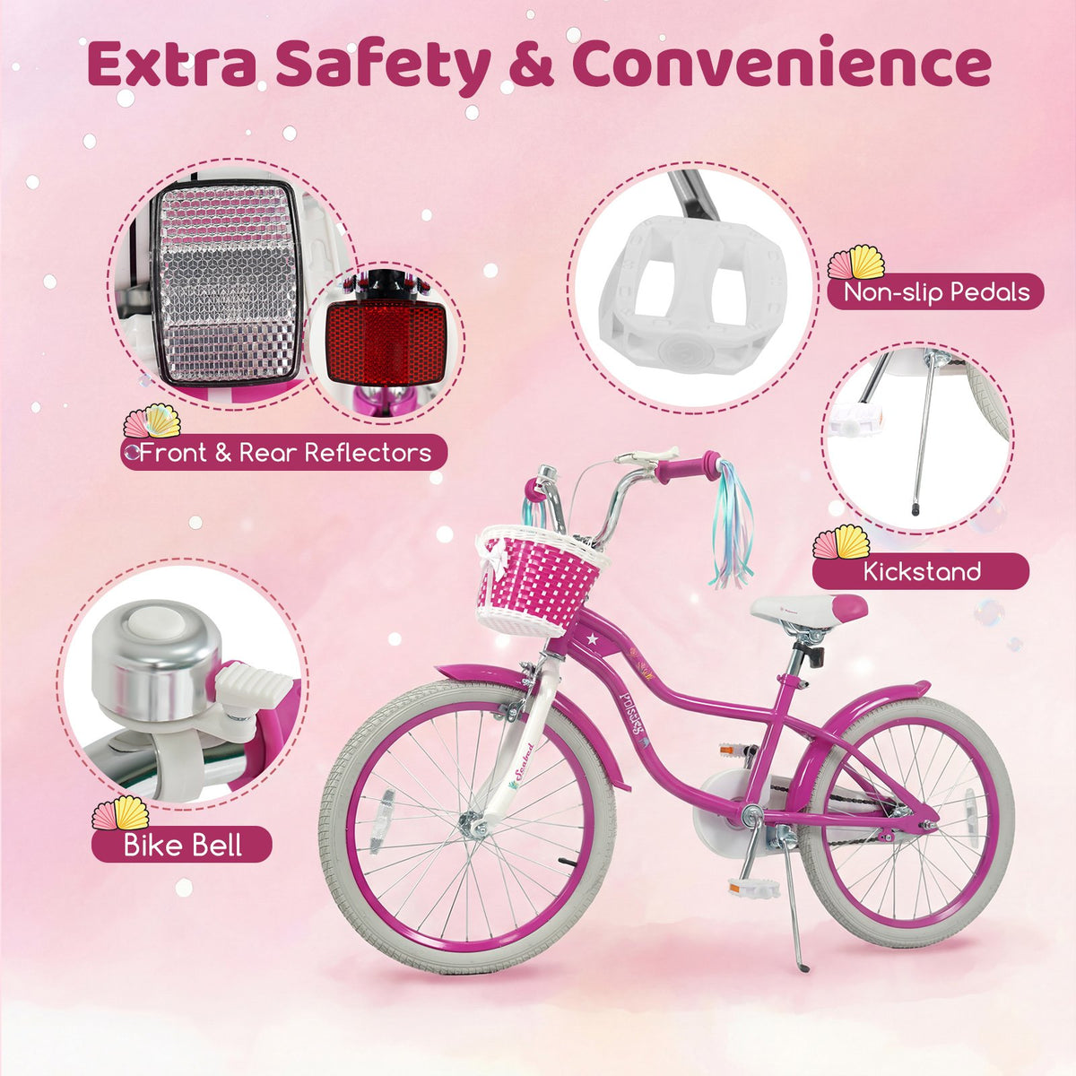20 Inch Kids Bike Adjustable with Basket and Streamers Rose Red - Princess of the Sea Theme view 9
