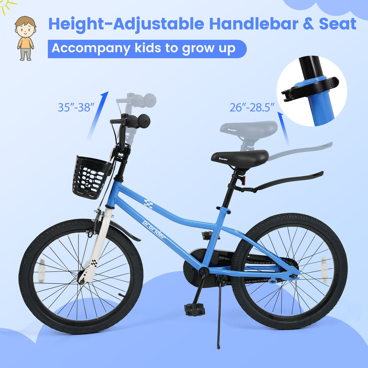 20 Inch Kids Bike Adjustable with Kickstand and Storage Basket for Aged 8+ Years-Navy view 6