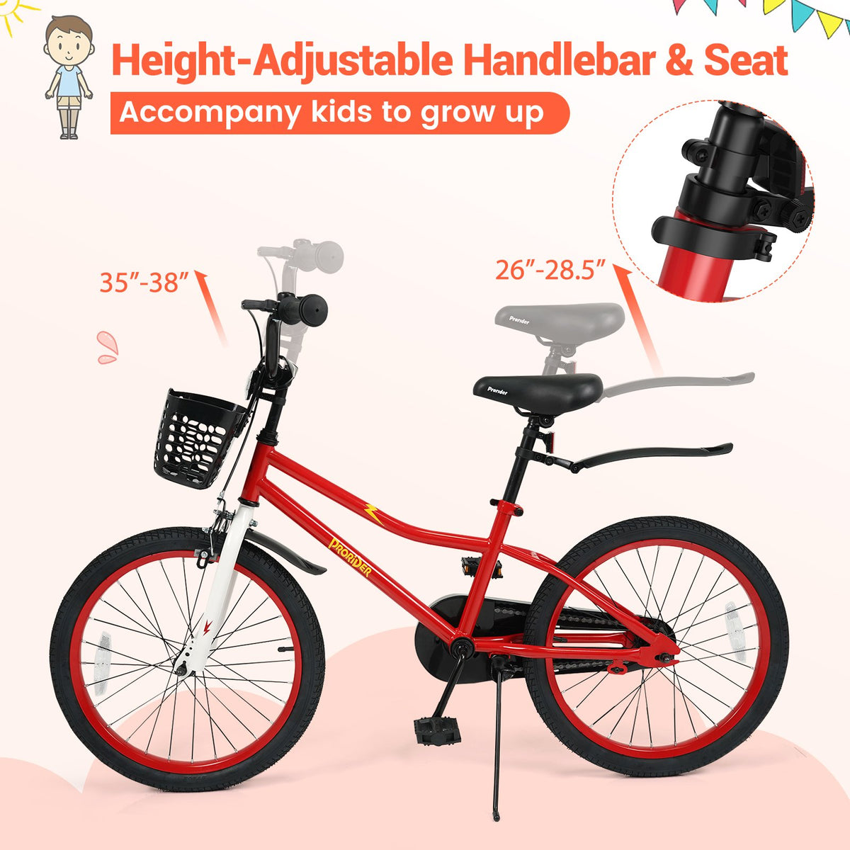 20 Inch Kids Bike Adjustable with Kickstand and Storage Basket for Aged 8+ Years-Red view 6