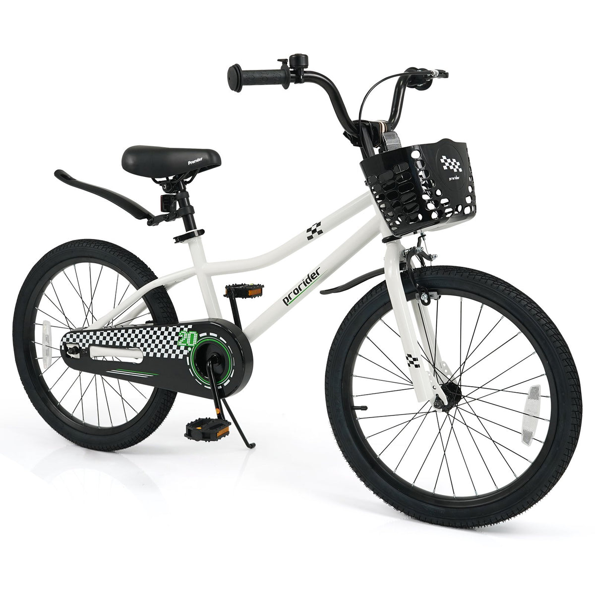 20 Inch Kids Bike Adjustable with Kickstand and Storage Basket for Aged 8+ Years-White