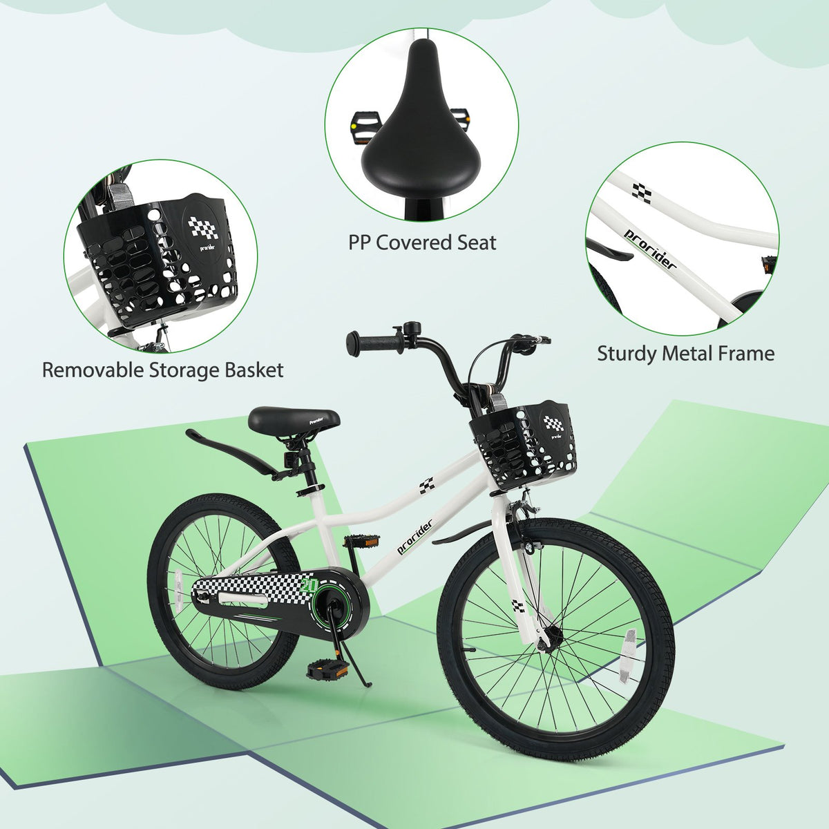 20 Inch Kids Bike Adjustable with Kickstand and Storage Basket for Aged 8+ Years-White view 7