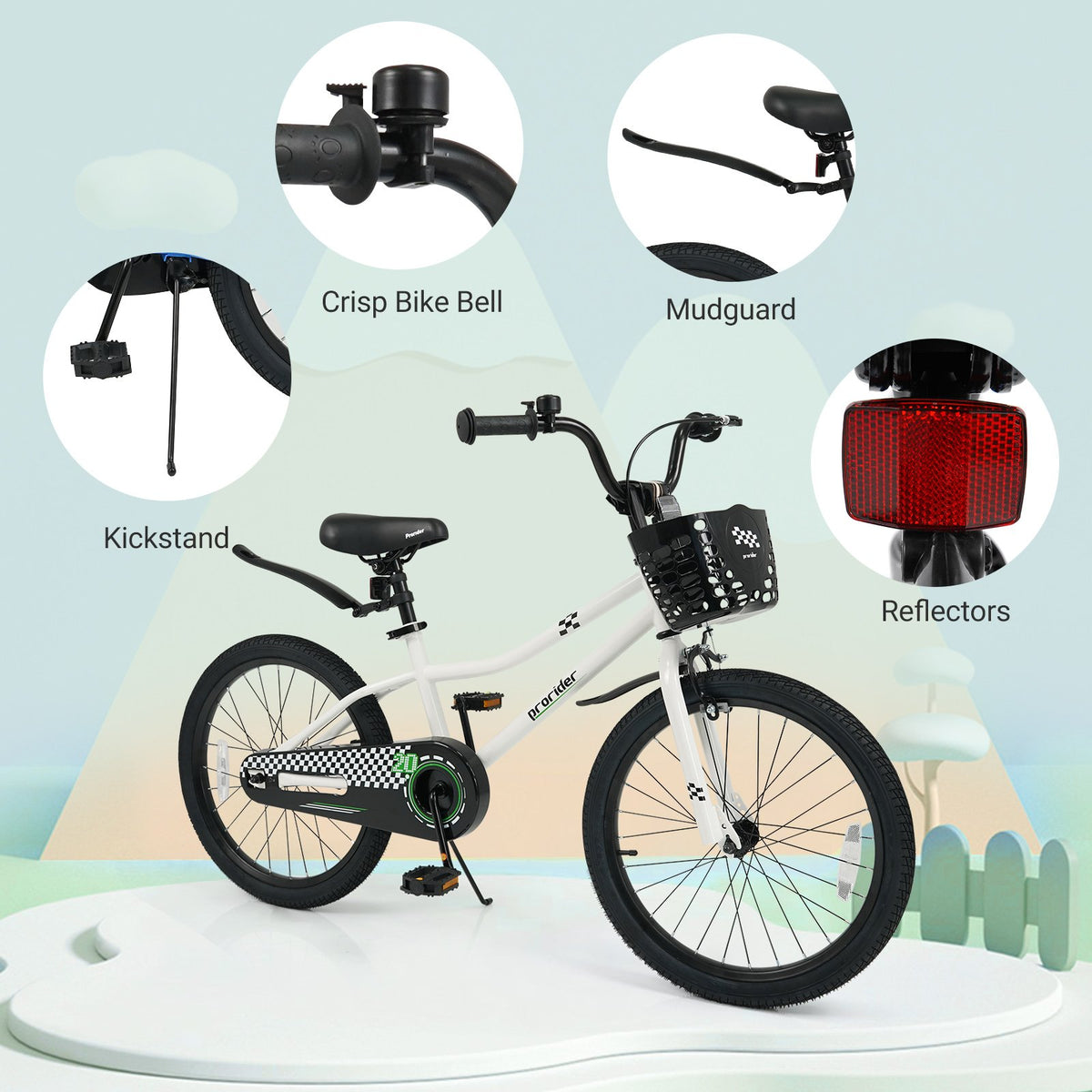 20 Inch Kids Bike Adjustable with Kickstand and Storage Basket for Aged 8+ Years-White view 9