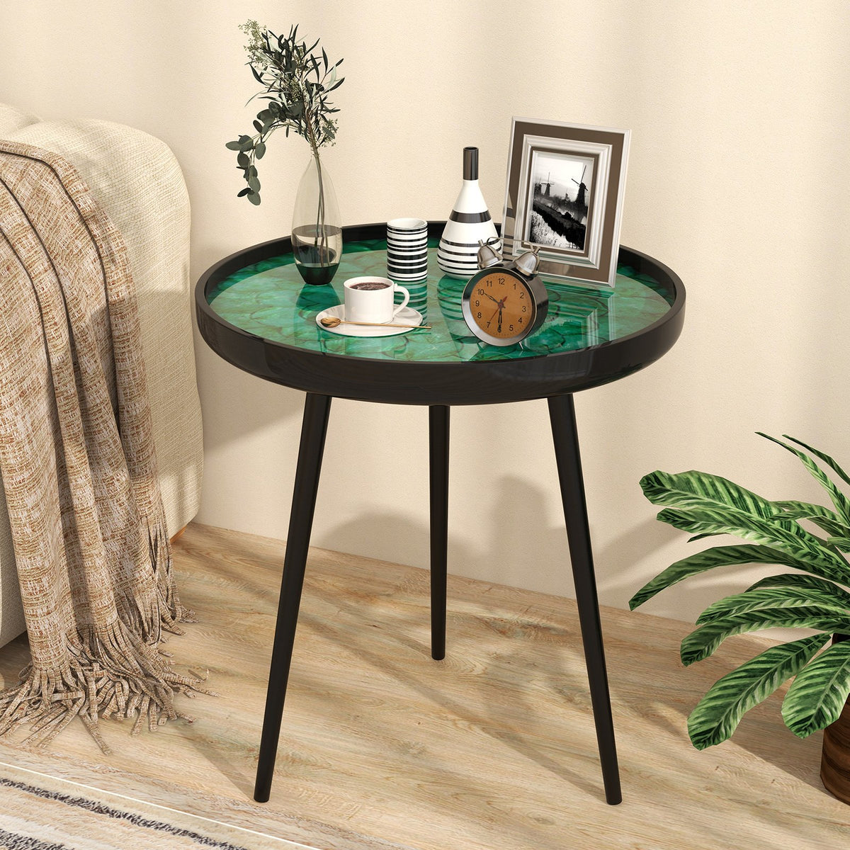 20 Inch Mid-century Modern Coffee End Table with Sea Shell Decoration-Green view 2