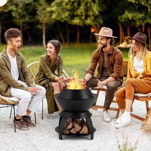 20 Inch Patio Fire Pit Metal Camping Fire Bowl with Pot Holder and Storage Shelf-Black view 2