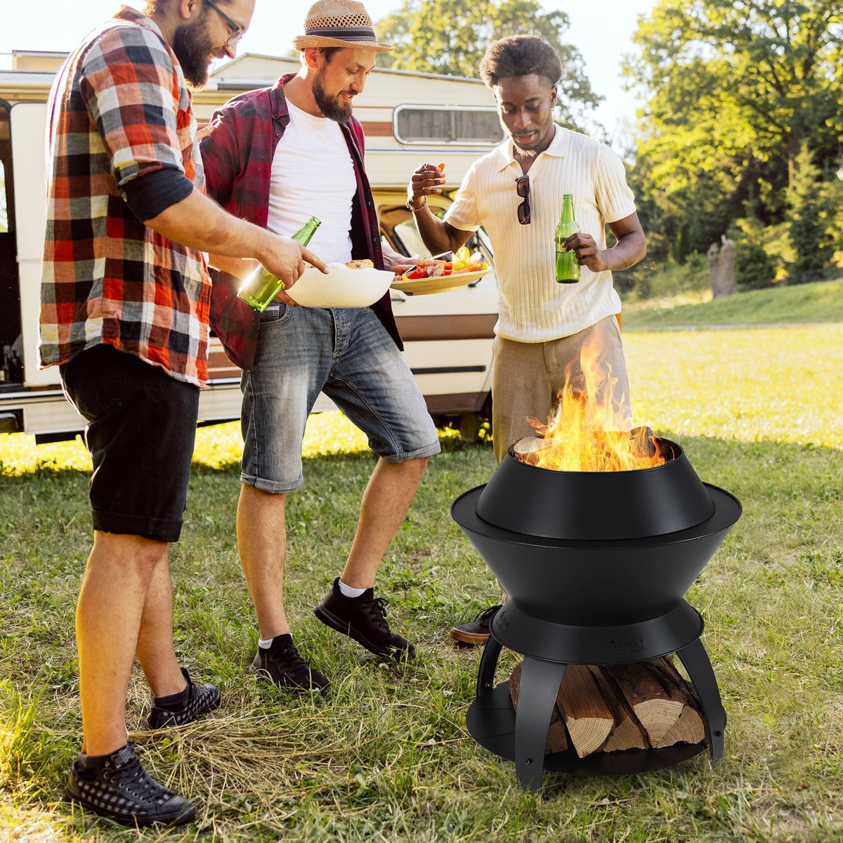 20 Inch Patio Fire Pit Metal Camping Fire Bowl with Pot Holder and Storage Shelf-Black view 3