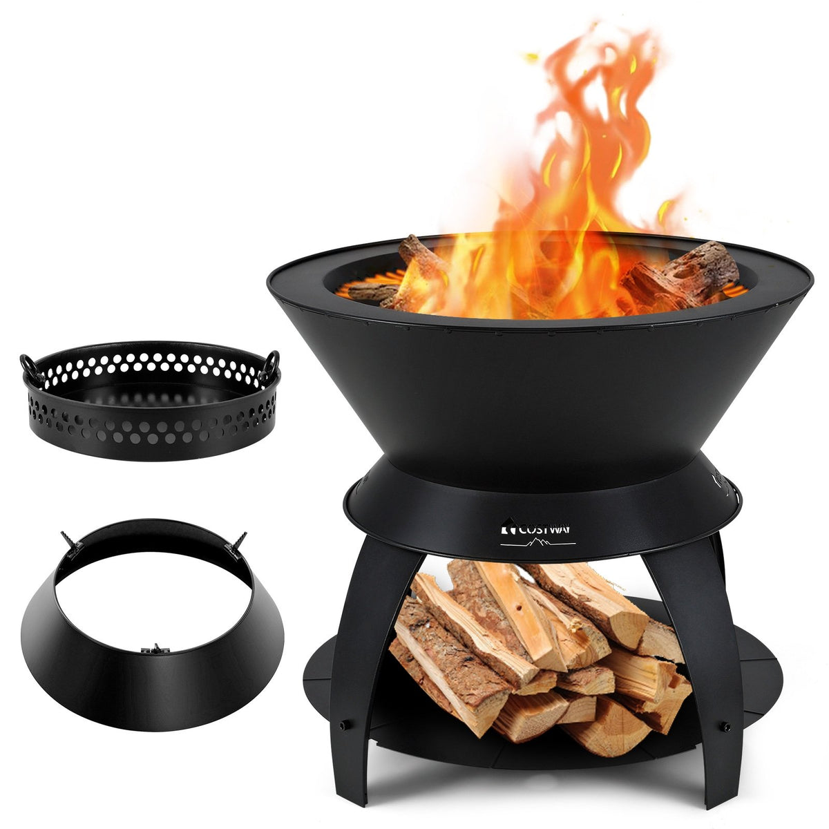 20 Inch Patio Fire Pit Metal Camping Fire Bowl with Pot Holder and Storage Shelf-Black view 4
