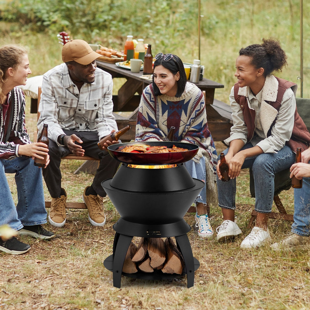 20 Inch Patio Fire Pit Metal Camping Fire Bowl with Pot Holder and Storage Shelf-Black view 6