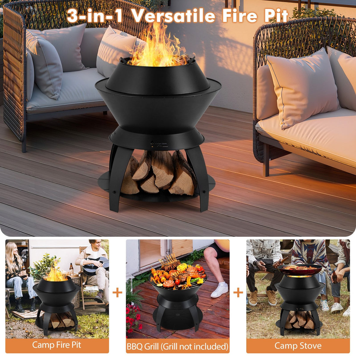 20 Inch Patio Fire Pit Metal Camping Fire Bowl with Pot Holder and Storage Shelf-Black view 8
