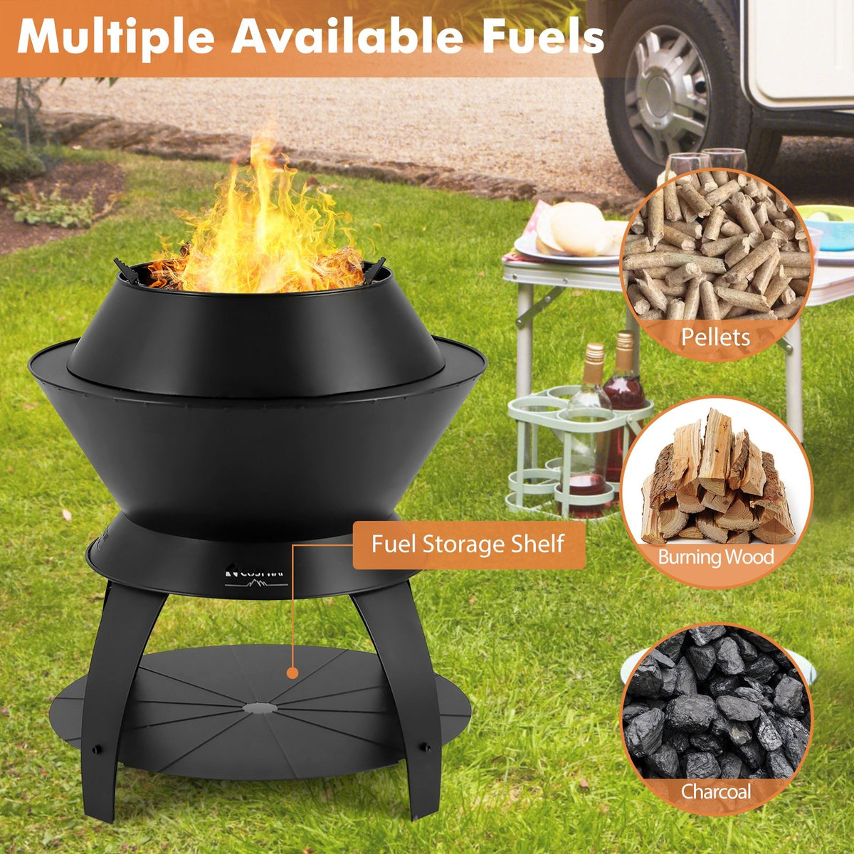 20 Inch Patio Fire Pit Metal Camping Fire Bowl with Pot Holder and Storage Shelf-Black view 9