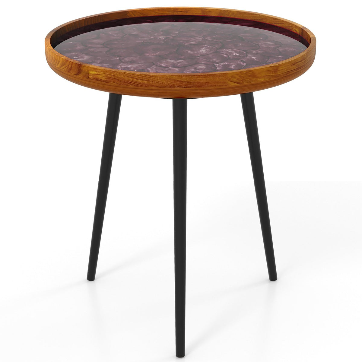 20 Inch Round End Table with Sea Shell Decoration and Epoxy Resin Finish-Brown