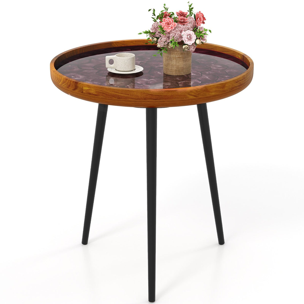 20 Inch Round End Table with Sea Shell Decoration and Epoxy Resin Finish-Brown view 4