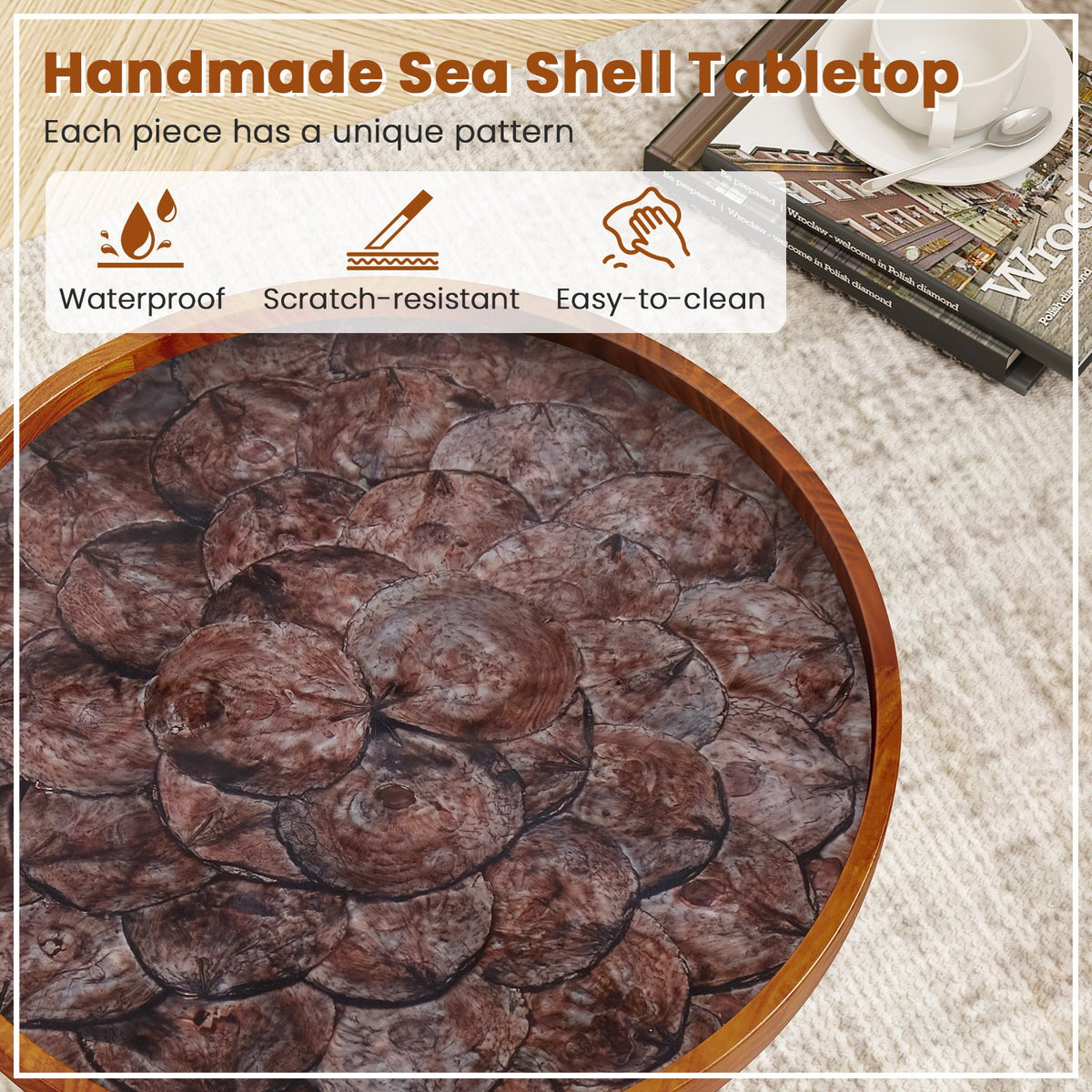 20 Inch Round End Table with Sea Shell Decoration and Epoxy Resin Finish-Brown view 7