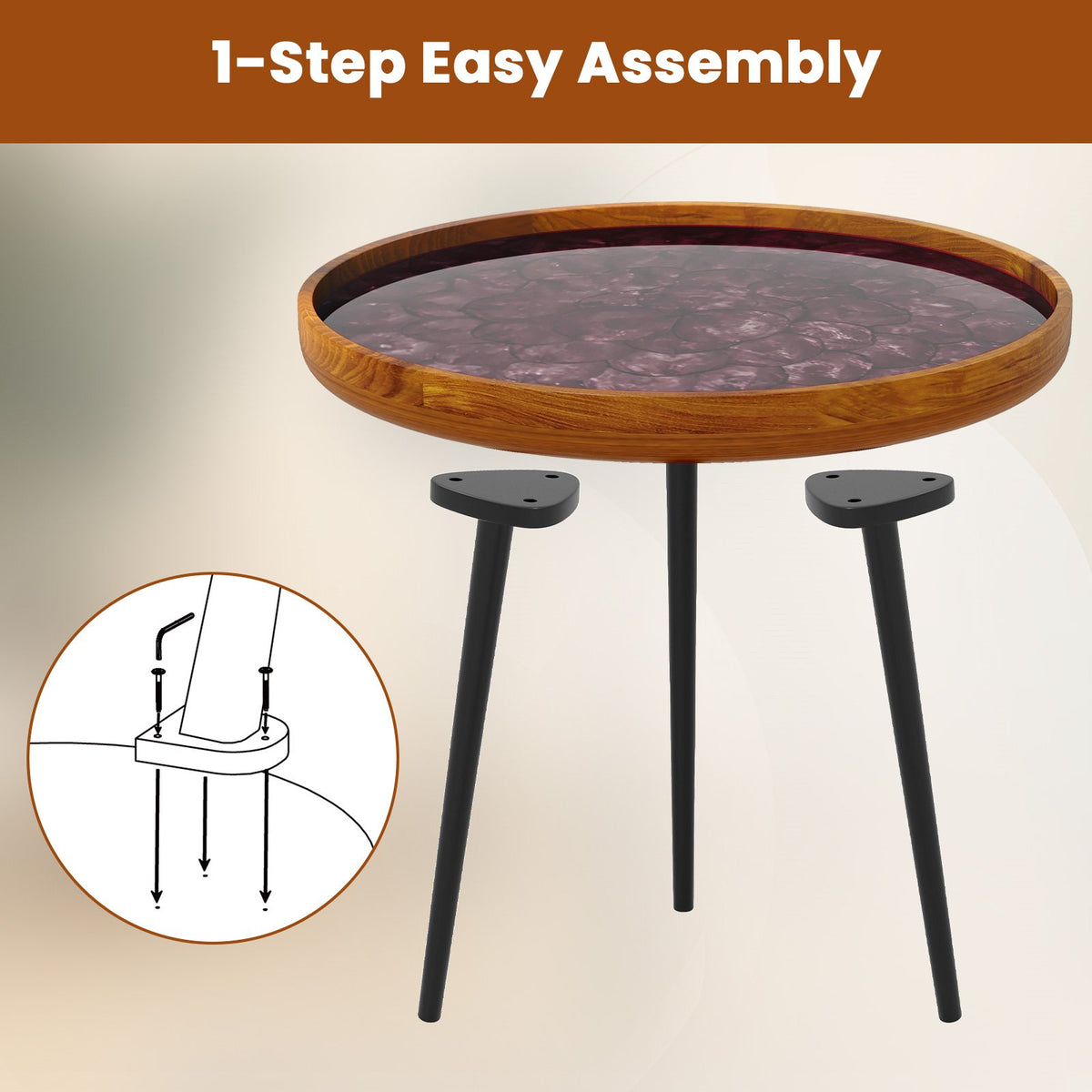 20 Inch Round End Table with Sea Shell Decoration and Epoxy Resin Finish-Brown view 9