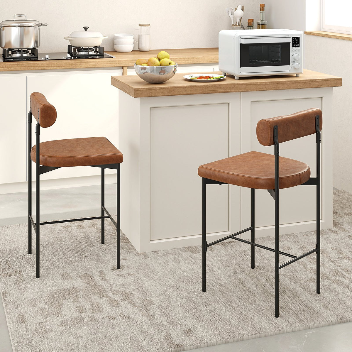 26 Inch Upholstered Bar Stools Set of 2 Counter Height Bar Chairs with, Backrest-Brown view 2