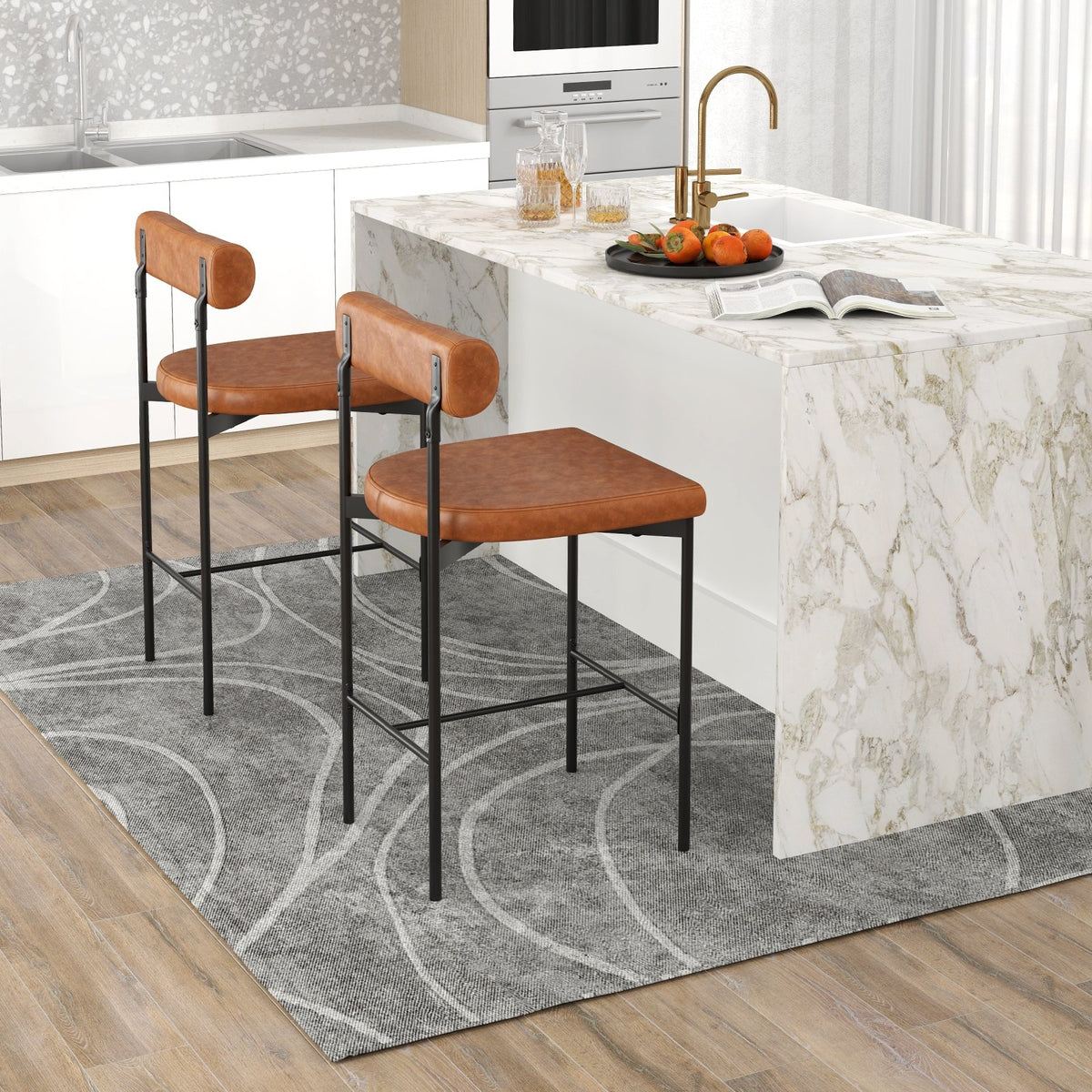 26 Inch Upholstered Bar Stools Set of 2 Counter Height Bar Chairs with, Backrest-Brown view 3