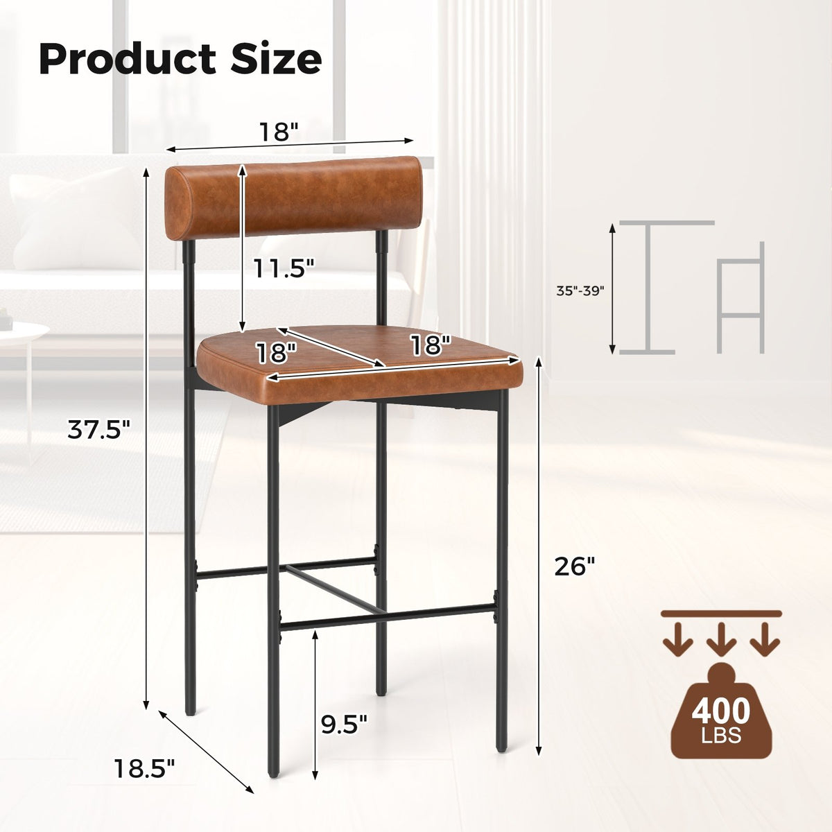 26 Inch Upholstered Bar Stools Set of 2 Counter Height Bar Chairs with, Backrest-Brown view 4
