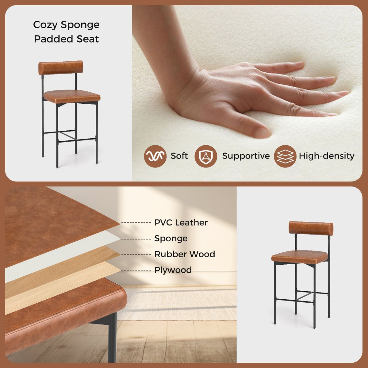 26 Inch Upholstered Bar Stools Set of 2 Counter Height Bar Chairs with, Backrest-Brown view 6