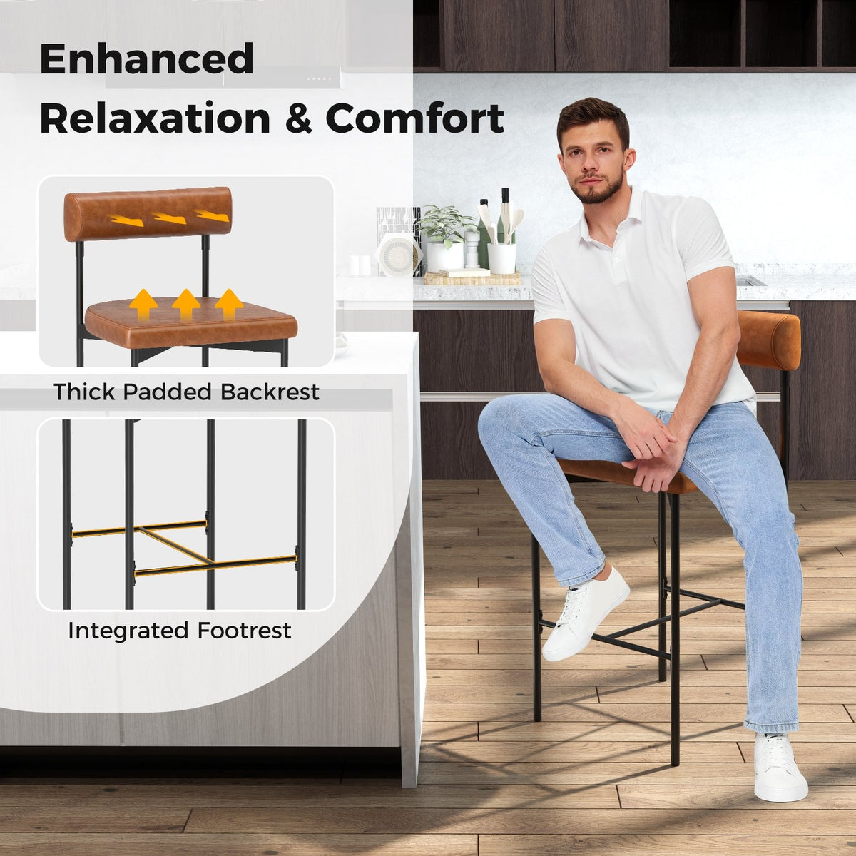 26 Inch Upholstered Bar Stools Set of 2 Counter Height Bar Chairs with, Backrest-Brown view 7