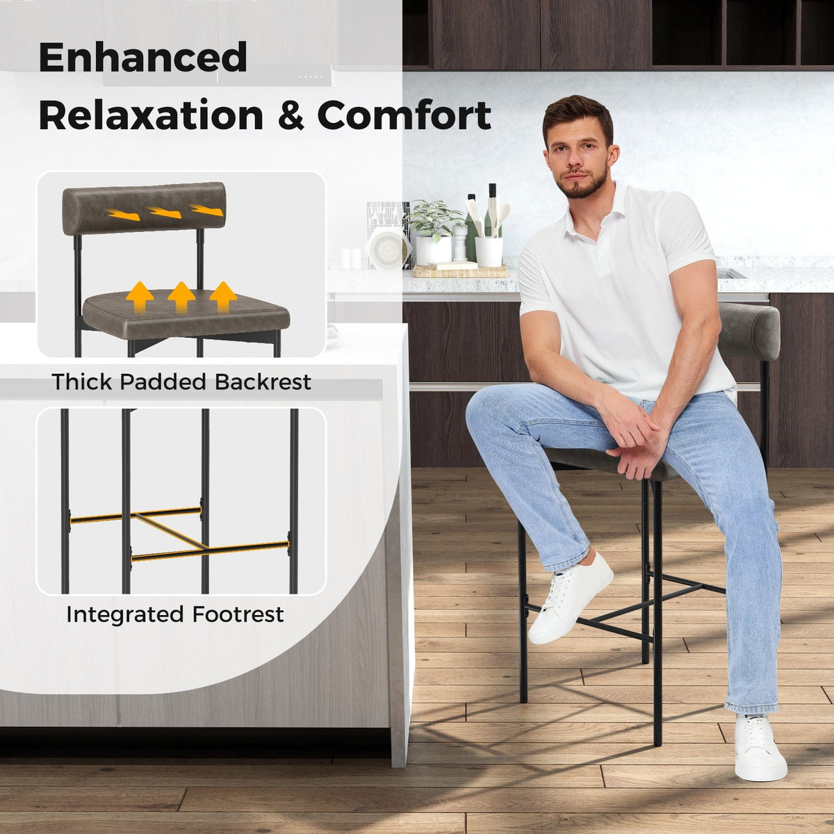 26 Inch Upholstered Bar Stools Set of 2 Counter Height Bar Chairs with, Backrest-Gray view 7