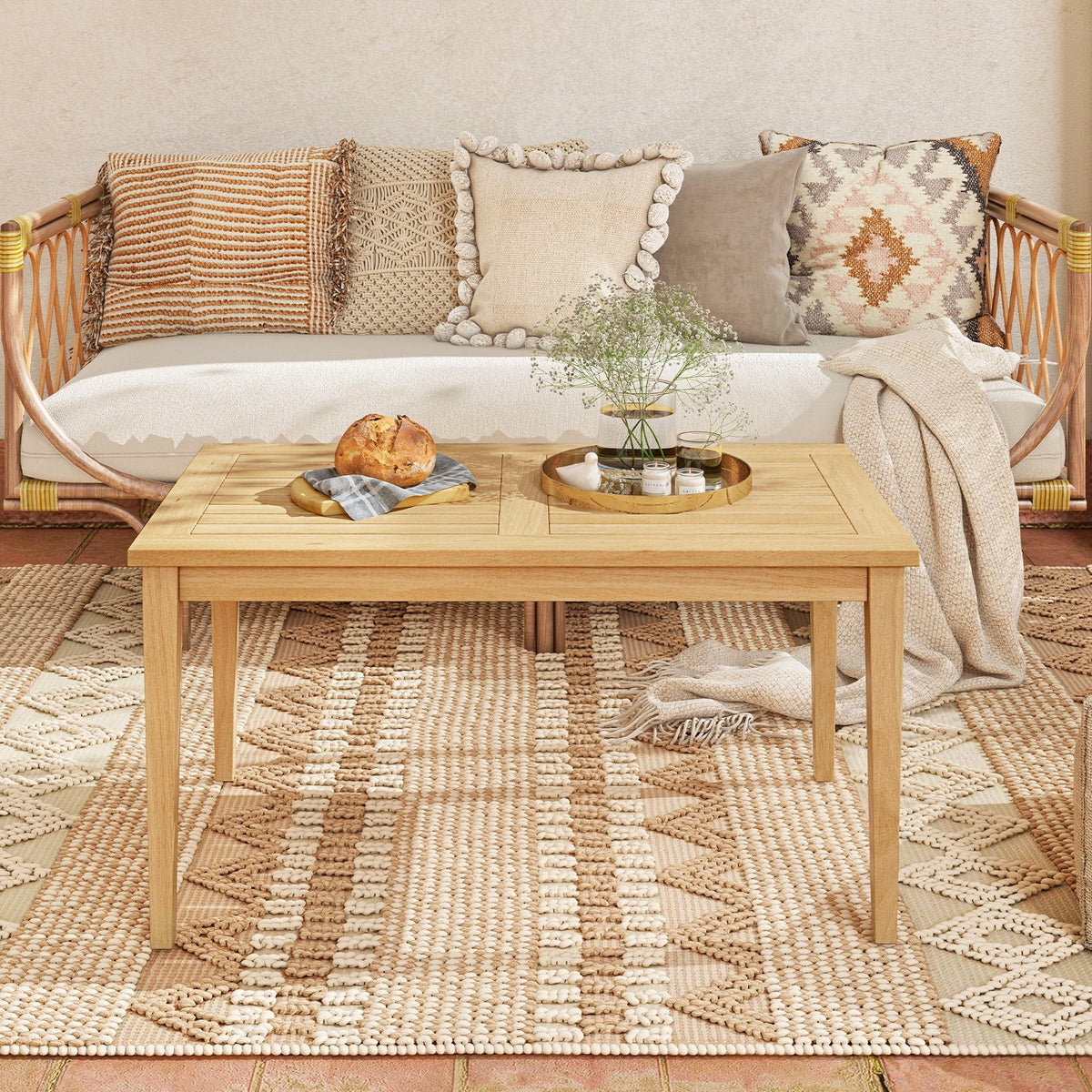 20 Inch x 35.5 Inch Outdoor Teak Wood Coffee Table with Slatted Tabletop for Balcony view 3