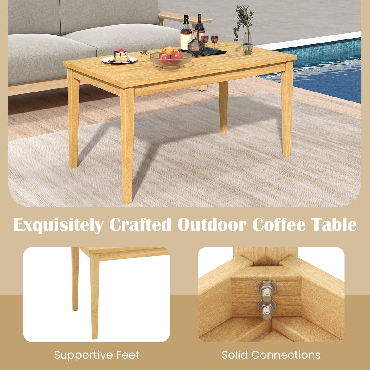20 Inch x 35.5 Inch Outdoor Teak Wood Coffee Table with Slatted Tabletop for Balcony view 9