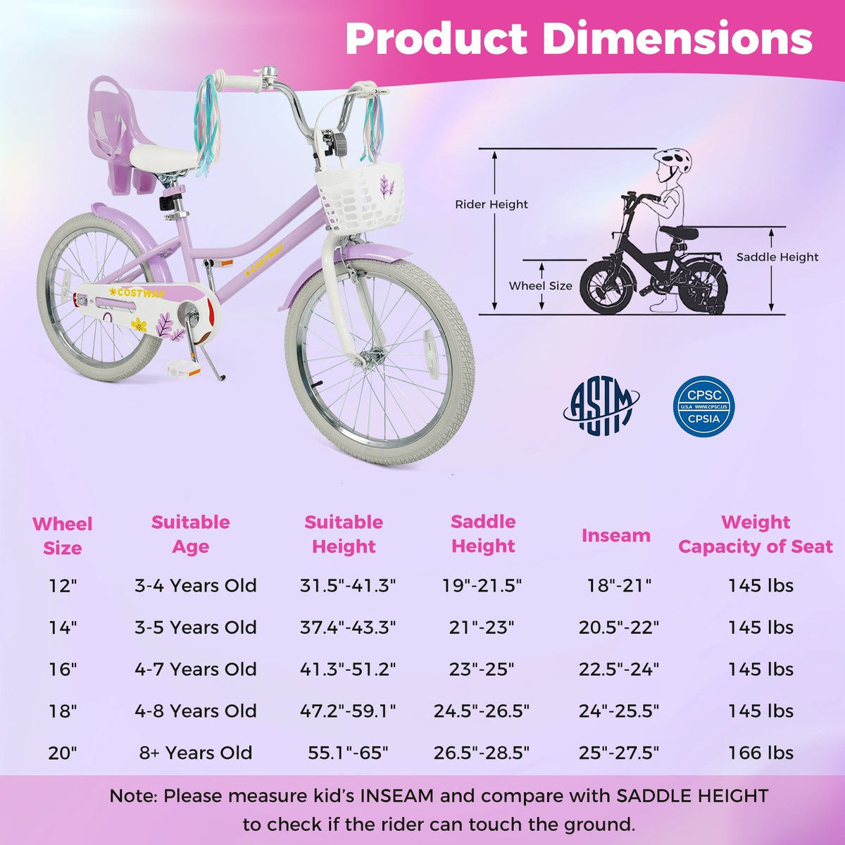 20 Inch Girls Bike Kids Bicycle with Doll Seat and Streamers for 8+ Years Old view 4