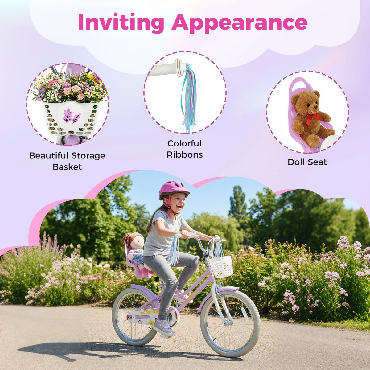 20 Inch Girls Bike Kids Bicycle with Doll Seat and Streamers for 8+ Years Old view 6