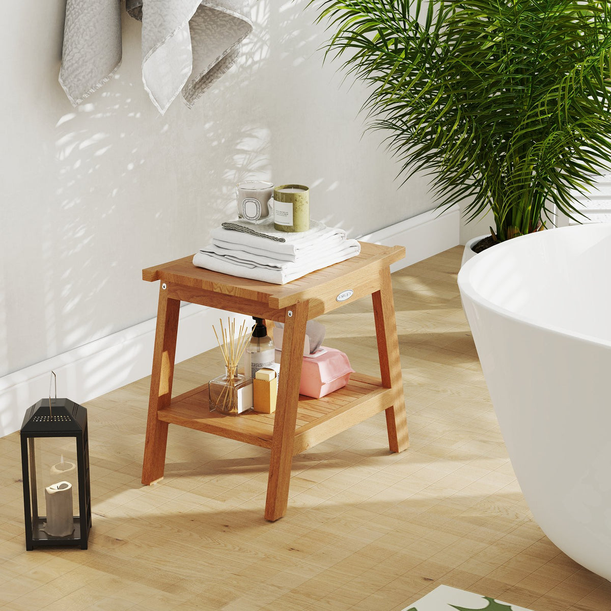 20 Inches Teak Wood Shower Bench with Storage Shelf and Adjustable Foot Pads view 2