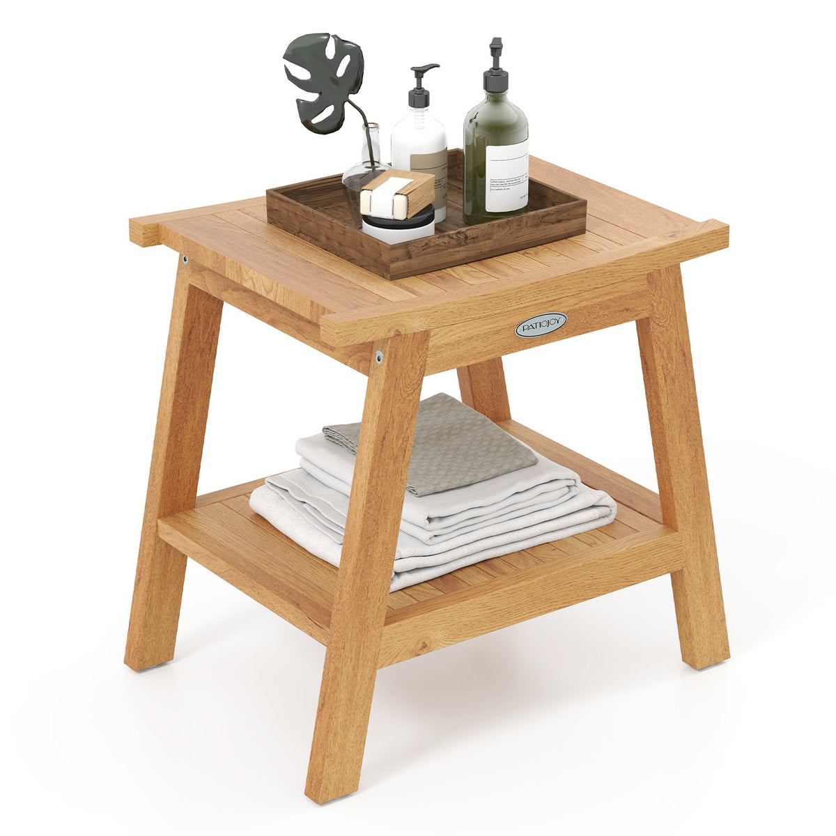 20 Inches Teak Wood Shower Bench with Storage Shelf and Adjustable Foot Pads view 4