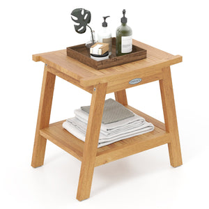20 Inches Teak Wood Shower Bench with Storage Shelf and Adjustable Foot Pads view 4