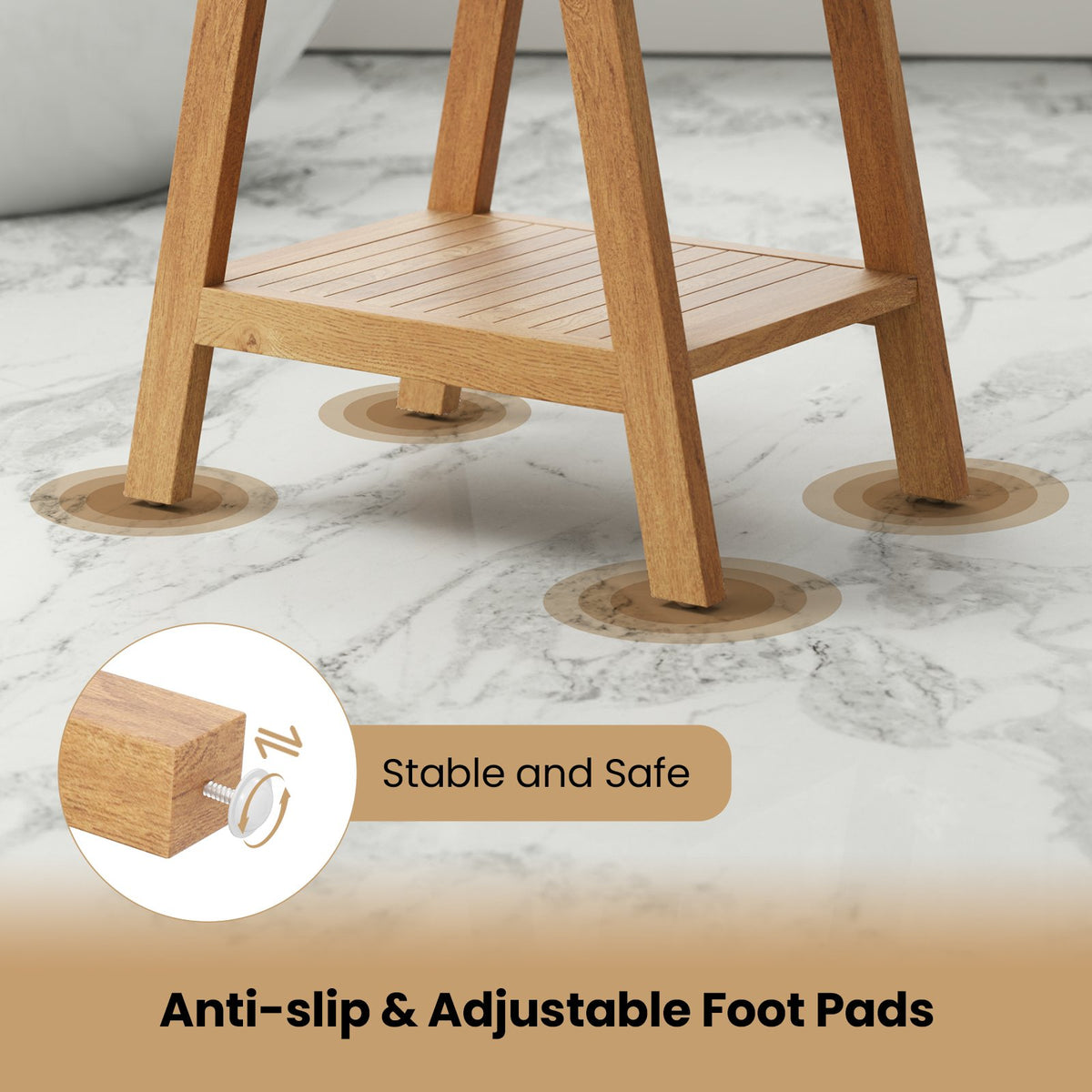 20 Inches Teak Wood Shower Bench with Storage Shelf and Adjustable Foot Pads view 8