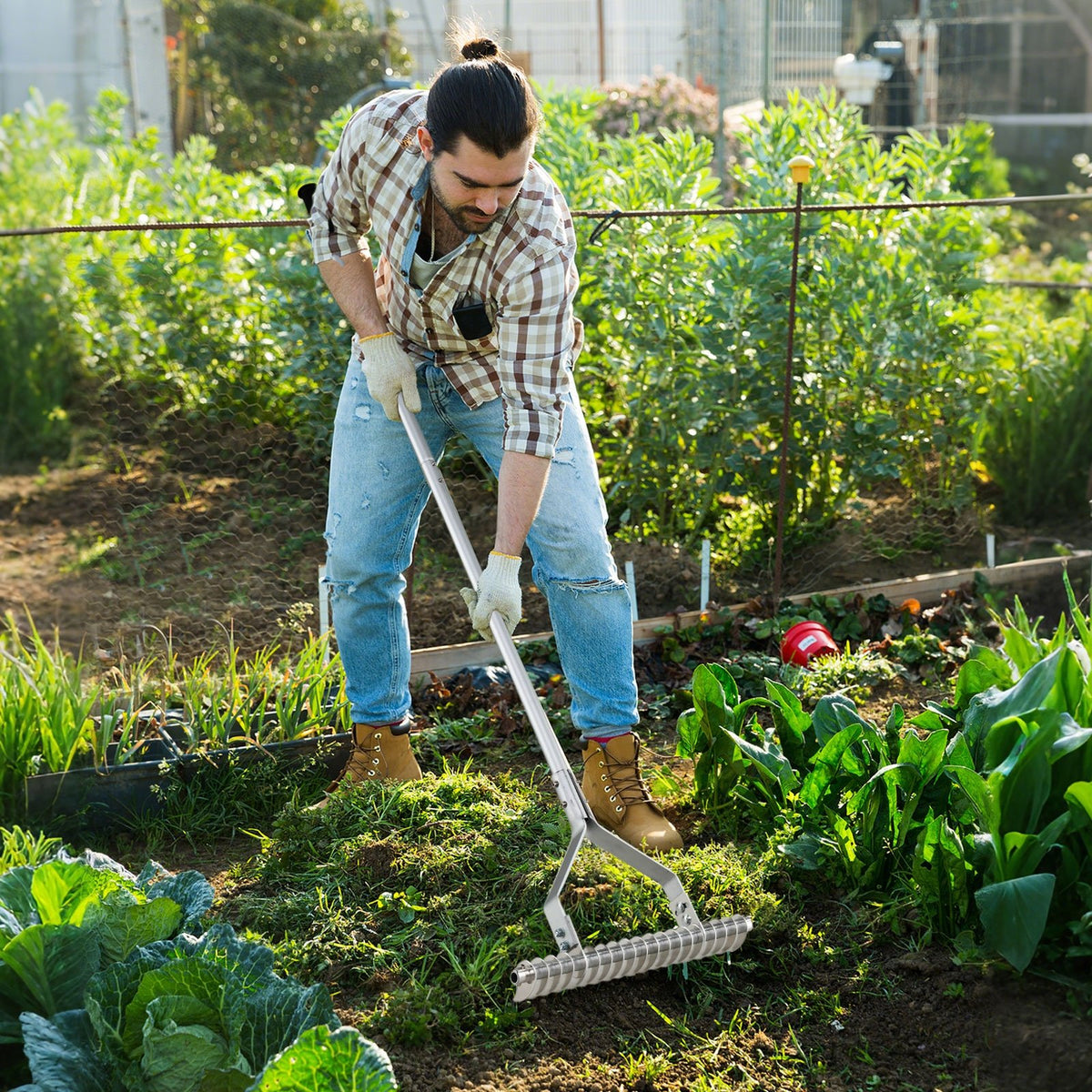 20 Inches Wide Aluminum Lawn Loosening Soil Rake with Long Handle and 19 Curved Tines view 2