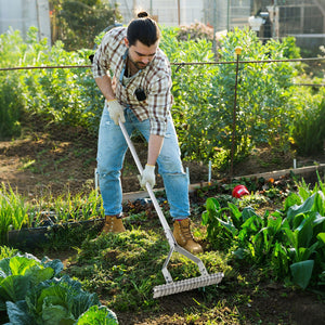 20 Inches Wide Aluminum Lawn Loosening Soil Rake with Long Handle and 19 Curved Tines view 2