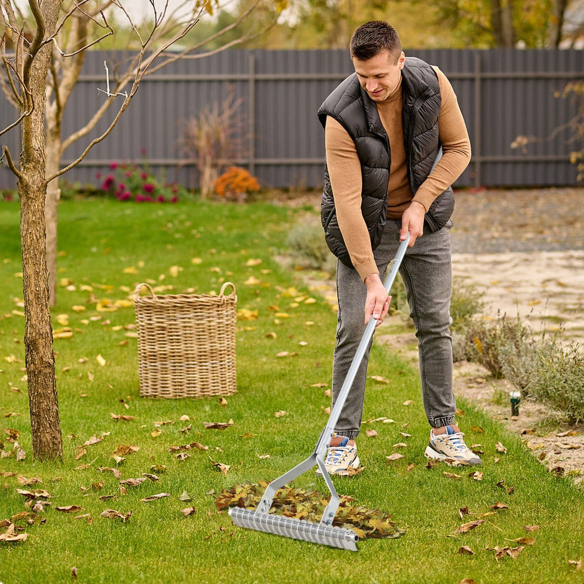 20 Inches Wide Aluminum Lawn Loosening Soil Rake with Long Handle and 19 Curved Tines view 3